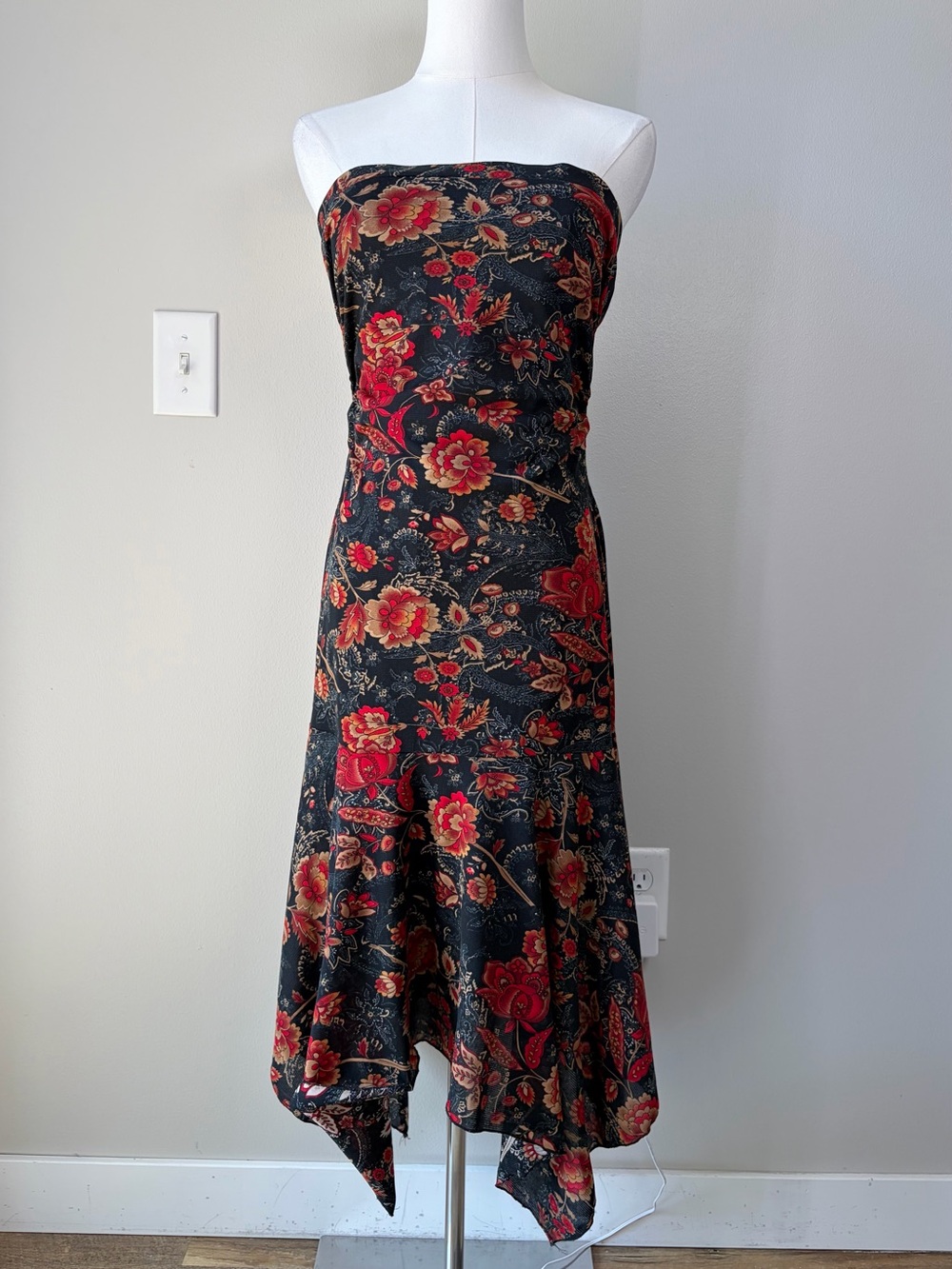 Vintage Zinc Dark Floral Strapless Handkerchief Hem Dress Dark Feminine Romantic